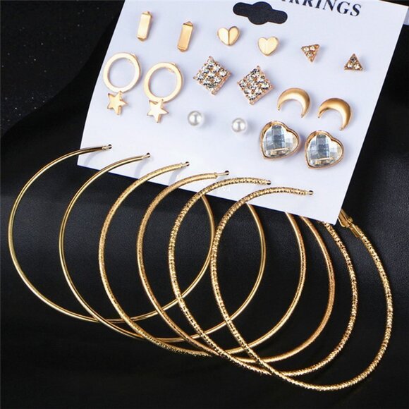 🔥12 Pair 14k Gold Plated Geometric Crystal Stud Earring Set Mix for Women, F271 - Picture 3 of 6